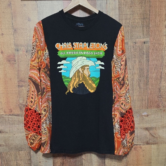 Upcycled Tops - Upcycled Chris Stapleton Tee With Paisley Sleeves